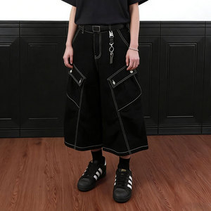 <span class=keywords><strong>Pantaloncini</strong></span> Cargo da Uomo Oversize in Denim Lavaggio Chiaro, Gamba Larga, Lunghezza al Polpaccio, con Multitasche, Stile Streetwear - Vendita all'Ingrosso - Product Image 3