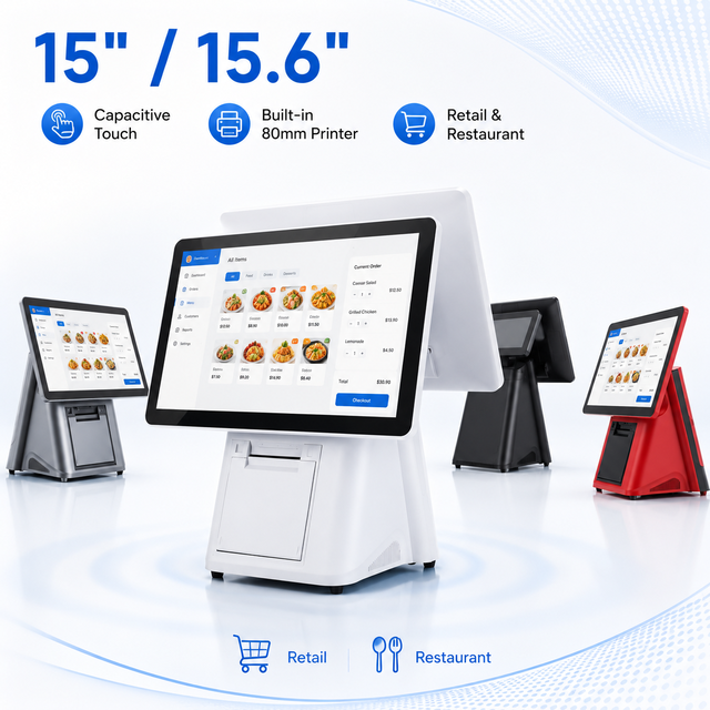 15 15.6 Inch All in One Desktop POS Terminal with Capacitive Touch Screen Built in 80mm Thermal Printer for Retail Restaurant