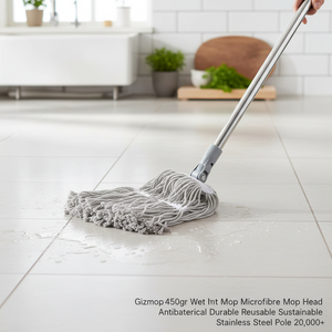 Gizmop Mopa Húmeda de 450gr con Cabezal de Microfibra, Autoescurrible, Antibacteriana, Duradera, Reutilizable, Sostenible, con Palo de Acero Inoxidable, 20,000+ - Product Image 3
