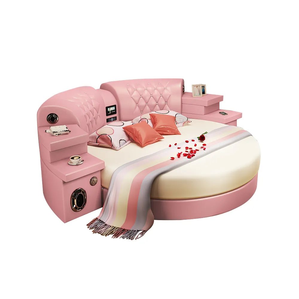 Cama redonda inteligente de cuero para parejas, cama de princesa con altavoz multifunción, masaje, luz LED USB, muebles de dormitorio