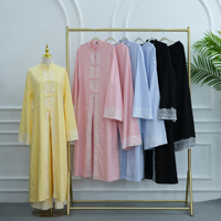 Ensemble 2 pièces modeste Loriya avec boutons mandarin, dentelle et bordure Abaya, long cardigan ouvert, tenue musulmane, 4 couleurs, 100% coton slub