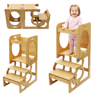Tour d'apprentissage pliable Montessori avec rail de sécurité 2-en-1 escabeau en bambou convertit en table et chaise pour enfants