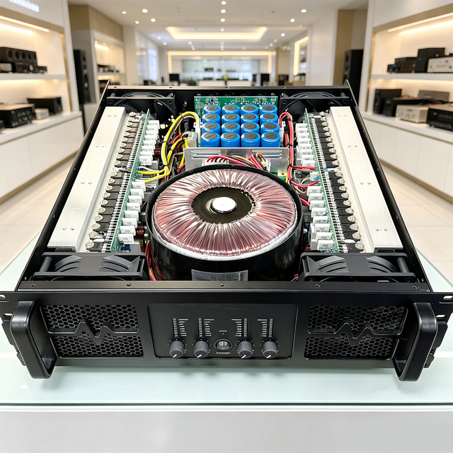 Commercial 4-channel Class H Professional Power Amplifier (1500W, Stable Performance) for Conference Rooms and Wedding Stages.