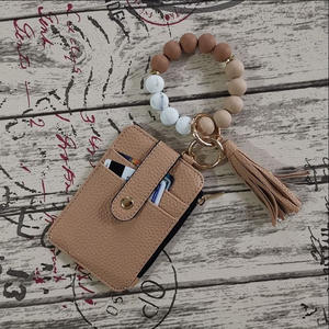 Fashion <strong>Silicone</strong> <strong>Bead</strong> Bracelet Keychain Wallet Folded Vertical Zipper Card Bag Leopard PU Leather Wallet Keychain Gift for Women - Product Image 5