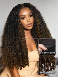 Peluca Rizada Birmana Color <span class=keywords><strong>Castaño</strong></span> Oscuro Degradado, Sin Pegamento, con Cordón Elástico, Ajuste Cómodo, Lista para Usar, con Puntas en Espiral - Product Image 2