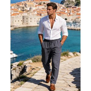 FOXA Mens Casual Pants Straight Leg Elastic Waist <b>Drawstring</b> <b>Trousers</b> With Pockets Breathable Cotton Fit - Product Image 3