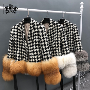 Janefur Ladies Short Spring Winter Manteau en <span class=keywords><strong>laine</strong></span> pour femmes Trendy Black Plaid Long Sleeves Slim Fox Fur Tweed Jacket - Product Image 6