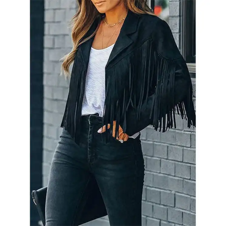 Motor Biker Jacket Vintage Coat Autumn Women Fringed Hem Crop Tops Fashion Tassel Cardigan Bomber Jacket