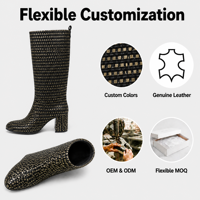 Bottes montantes zippées noires et dorées à carreaux pour femme, à talon épais, en cuir véritable, collection automne, avec support pour logo personnalisé