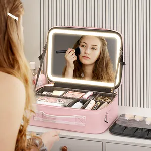 Tragbare Frauen reisen wasserdicht verstellbar Licht Kosmetik organisieren Make-up Zug Fall Make-up-Tasche mit LED-Spiegel