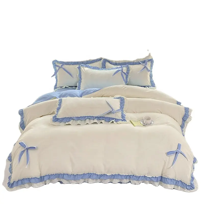 韓国の女の子の寝具セットコットンプリンセスかわいい蝶結びの装飾レースフリルデザイン羽毛布団カバーベッドスカート枕カバー寝具セット