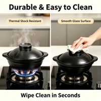 Pot en céramique peu profond 3L durable antiadhésif écologique avec couvercle double usage (pot/bol) résistant à la chaleur à large ouverture compatible gaz