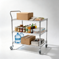 Chariot à trois niveaux en fil métallique chromé avec poignée de poussée, chariot robuste réglable pour entrepôt, magasin, rangement domestique