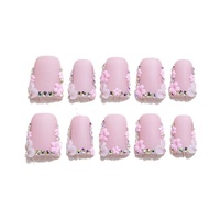 Betifnail – Lot de 10 faux ongles longs roses à motif floral pour l'été, carrés, à presser, en gel souple pour doigts, marque privée