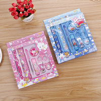 Vente en gros de 9 pièces de papeterie de dessin animé mignon pour l'école coffret cadeau créatif fantaisie rouge bleu rose jaune ensemble de papeterie de couleur