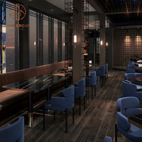 Ensemble de meubles de café moderne, restaurant, chaises en tissu bleu, tables en marbre et canapé en velours brun à dossier haut