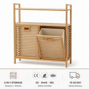 Armario de Lavandería de Bambú FSC de 2 Niveles con Cesto Extraíble, Estante Superior y Puerta de Listones para Almacenamiento de <span class=keywords><strong>Ropa</strong></span>, Venta al por Mayor OEM - Product Image 1