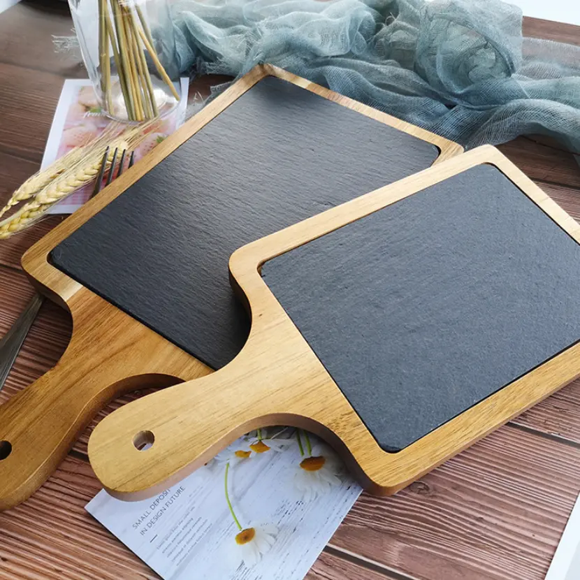 Kitchen Accessories Rectangle Pizza Stone with Wooden Board Slate and Wood Cutting Board New Black Slate Cheese Board Wholesale