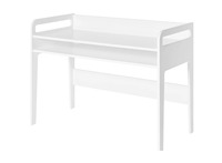Bureau d'enfant blanc au design élégant, pliable, portable, réglable, extensible, lignes arrondies, surface de travail et compartiment de rangement