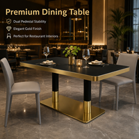 Table à manger rectangulaire avec finition or rose, base à double piétement, table de luxe pour restaurant commercial, hôtel, mobilier de salle à manger, vente en gros