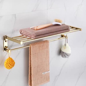 Porte-serviettes standard en cuivre double couche doré pour salle de bain, organisateur de rangement pliable avec crochets - Product Image 2