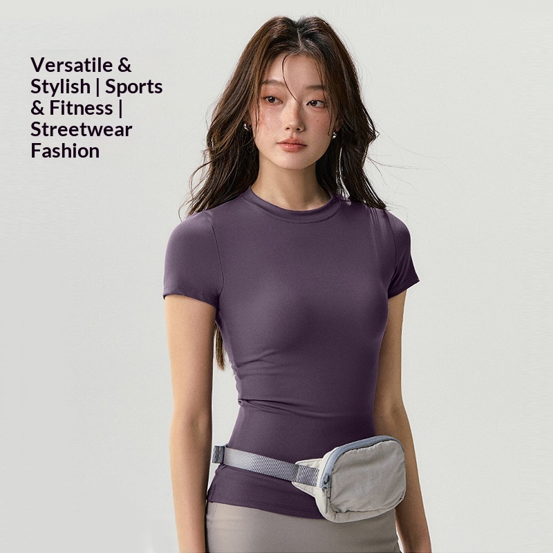 Women's Solid Yoga Activewear Short Sleeve Buttery Soft Breathable Quick Dry Four-Way Stretch High Elastic Waist Tight Front