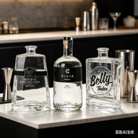 Bouteille de rhum ronde Oslo en verre extra clair 700ml 750ml, pulvérisation noir mat et blanc avec bouchon en bois, logo personnalisé, vente en gros