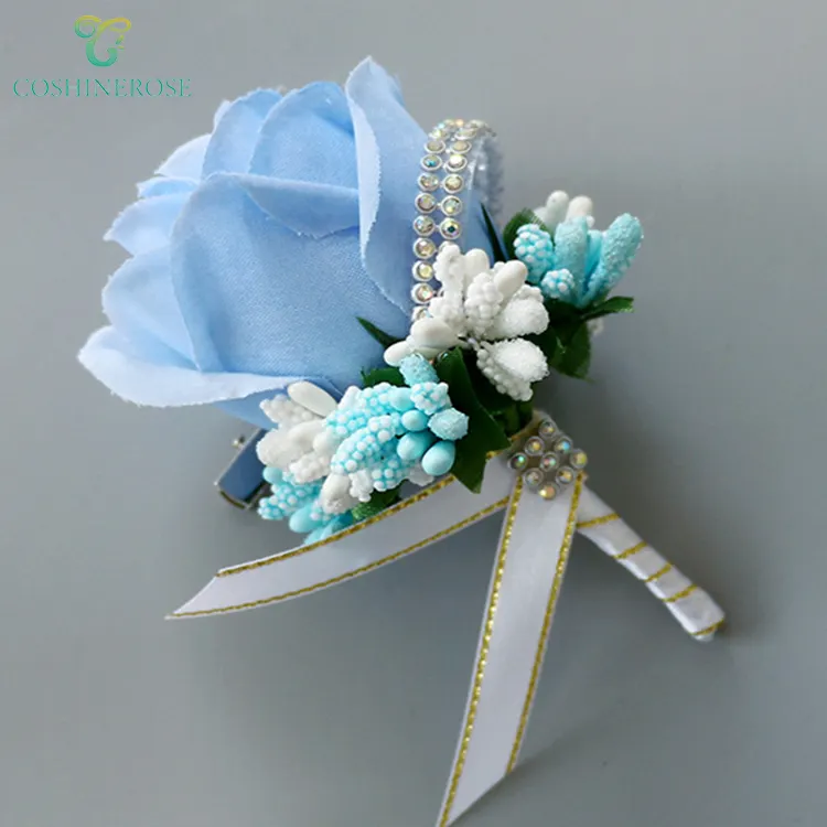 Coshinerose Artificial Flower Blue Rose Wedding Corsage Clip Pin Boutonniere For Men