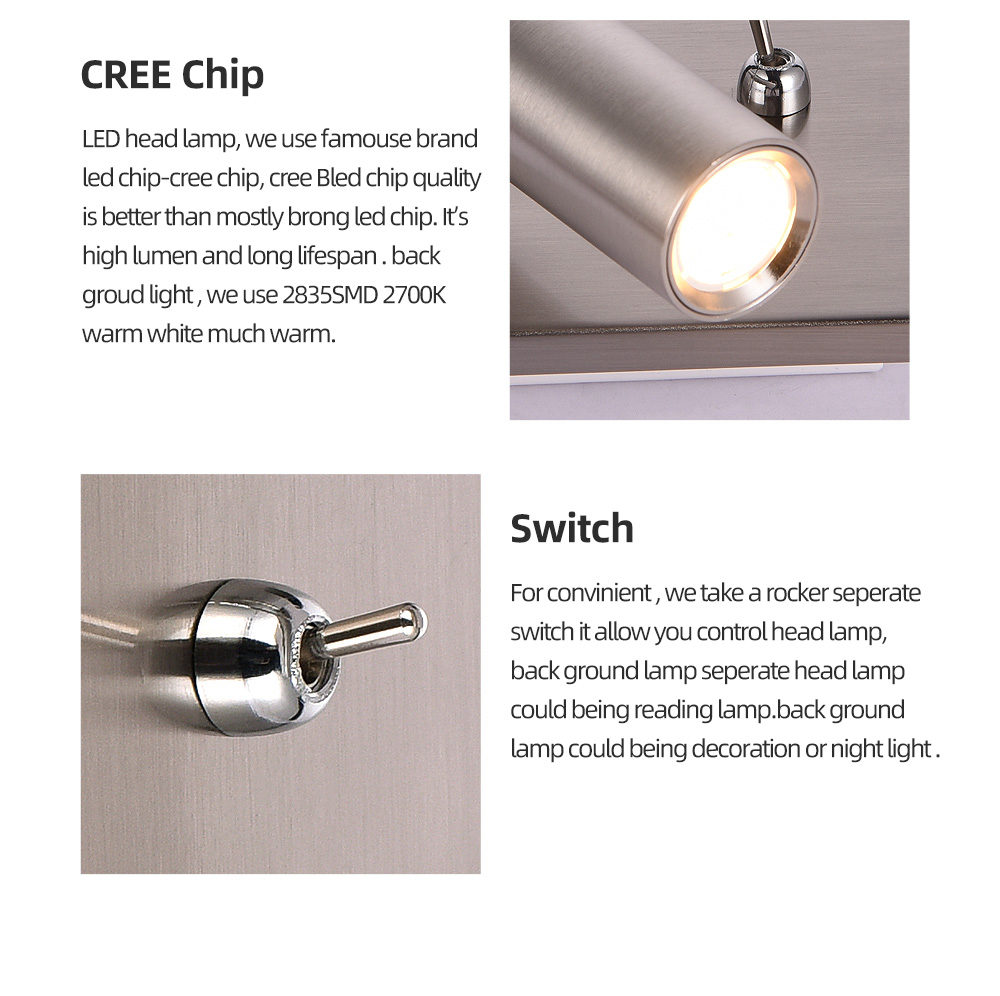 Adjustable Modern Led Light Led Reading Bed Headboard Wall Lamp With Rocker Separate Switch For Hotel