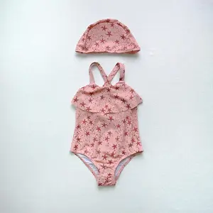 Factory Price LOGO Custom Printed Ruffled Princess 1 Piece Kids/Girls Beachwear Swim Suit Baby Swimwear With Cap