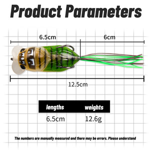 Señuelo de rana cicada simulada 65mm 12.6g, cebo de superficie con doble anzuelo y cola blanda para pesca de bagre - Product Image 5