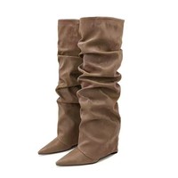 Bottes longues pour femmes, style pantalon ample, à bout pointu, froncées, à enfiler, à talon bloc très haut, grandes tailles, type bottes de chevalier, fabrication ODM OEM