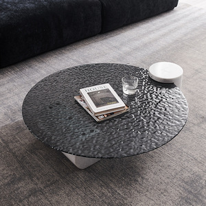 Base de piedra de mármol redonda exquisita moderna Lateral/té/mesa de centro con diseño de onda cautivadora vidrio templado superior hogar/sala de estar - Product Image 5