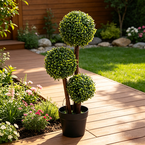 Pohon Topiary Boxwood Plastik Buatan Tiga Bola, Tanaman <span class=keywords><strong>Pot</strong></span> Spiral Luar Ruangan, Dekorasi Pernikahan, Thanksgiving, Paskah, Tahan UV - Product Image 3