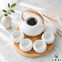 Théière en porcelaine noire mate durable de style chinois traditionnel 600 ml, ensemble de 4 tasses sans anse, poignée en bambou, plateau en bois, thé, café