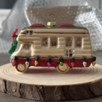 Ornamen Kaca Bentuk Camper Trailer Natal Warna Beige Merah dengan Lampu Glitter, Hiasan Gantung Pohon Natal untuk Pesta di Rumah