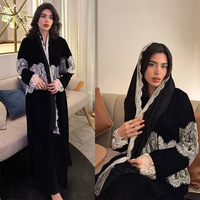 Ensemble 2 pièces Abaya Dubaï pour femme, robe musulmane en velours, kimono ouvert, ensemble hijab, cardigan modeste avec dentelle, tenue de mariage