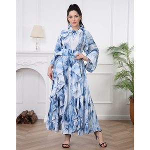 2024 Style chaud automne femmes Vintage imprimé fleuri <span class=keywords><strong>robe</strong></span> respirant écharpe col longue Lotus manches nœud plissé Maxi <span class=keywords><strong>robe</strong></span> - Product Image 1