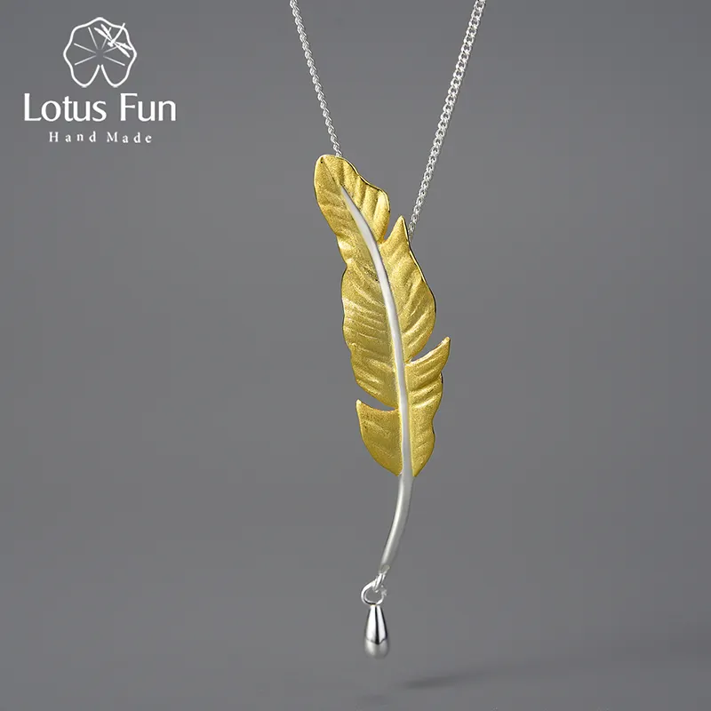 Lotus Fun Fashion 925 Sterling Silver Long Feather Pendant and Necklace for Ladies Luxury Jewelry Fashion Gifts 2023