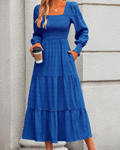 Pakaian temperamen wanita pabrik 2025 tunik elegan A-line gaun Maxi <span class=keywords><strong>Patchwork</strong></span> bertekstur gaun panjang mengalir dengan saku - Product Image 1