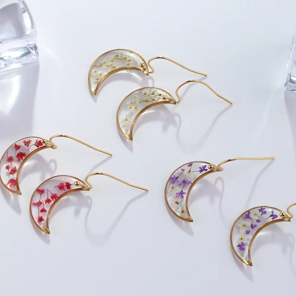Korean Resin Dried Flower Moon Earrings Women Stainless Steel Gold Plated Designer Earrings