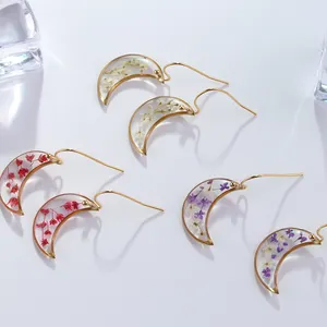 Anting-anting bulan bunga kering Resin Korea anting-anting perhiasan wanita berlapis emas baja tahan karat - Product Image 3