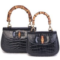 Sac fourre-tout personnalisable de luxe, design vintage, élégant et décontracté, avec poignée en bambou, en cuir véritable, imperméable, léger, pour femme