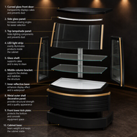 Vitrine de boulangerie d'angle réfrigérée sur mesure, noir mat et or, avec verre incurvé, éclairage LED et 3 étagères