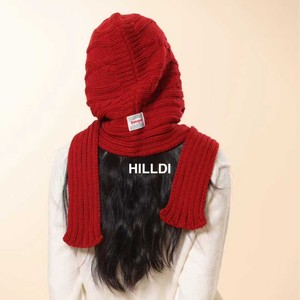 HILLDI Bonnet cagoule en tricot avec écharpe rouge pour femme, cache-cou chaud automne-hiver - Product Image 2