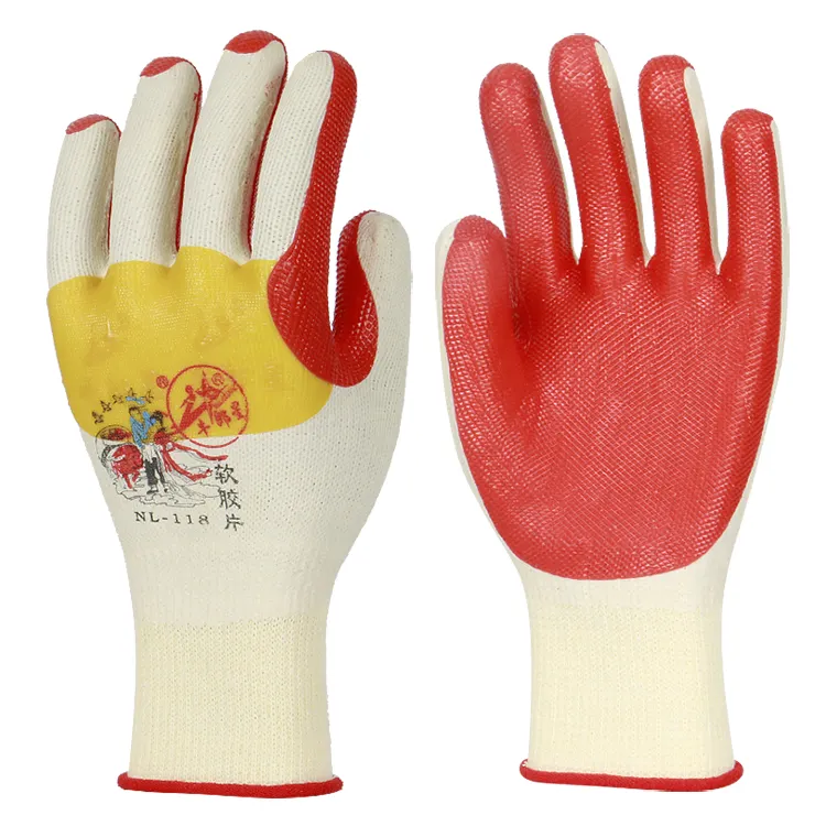 Sarung tangan poliester kerja merah sarung tangan telapak tangan dilapisi karet lateks kerut kerut untuk Pelindung tangan