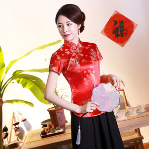 伝統的な中国風Oネック女性用ヴィンテージ唐服カジュアル半袖ブラウスボタン付きサマーパーティーシフォン細身フィットドラゴン柄 - Product Image 4