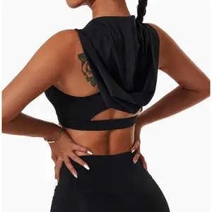 2022 New Arrival Women Running Bike Crop Top With Hat Nude Shockproof Sexy Yoga Tank Top With Hat High Impact Women Yoga Top