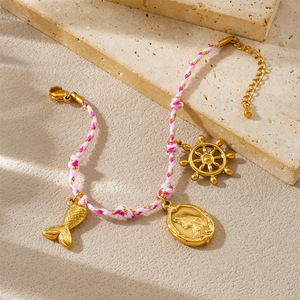Fashion <b>Pink</b> <b>Braided</b> Rope Gold Plated Mermaid Ship Wheel Pendant Bracelet Women's Jewelry Gift - Product Image 3