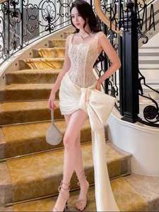 SHENGFU dantel korse Mini elbise ile dramatik pilili yay etek zarif kolsuz Bodycon kokteyl parti kıyafeti kadınlar için - Product Image 3